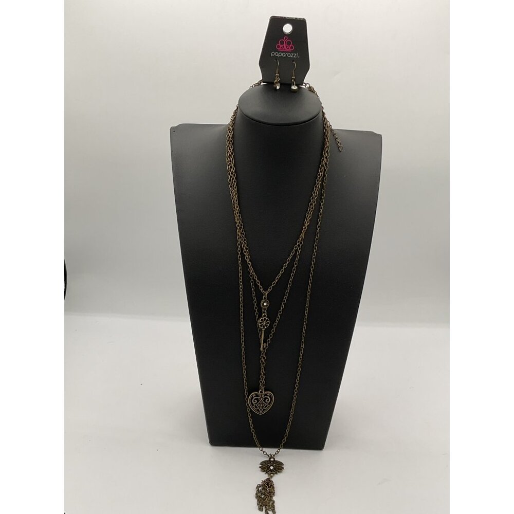 Paparazzi Heart & Key Bronze Tone Layered Necklace & Earrings Set